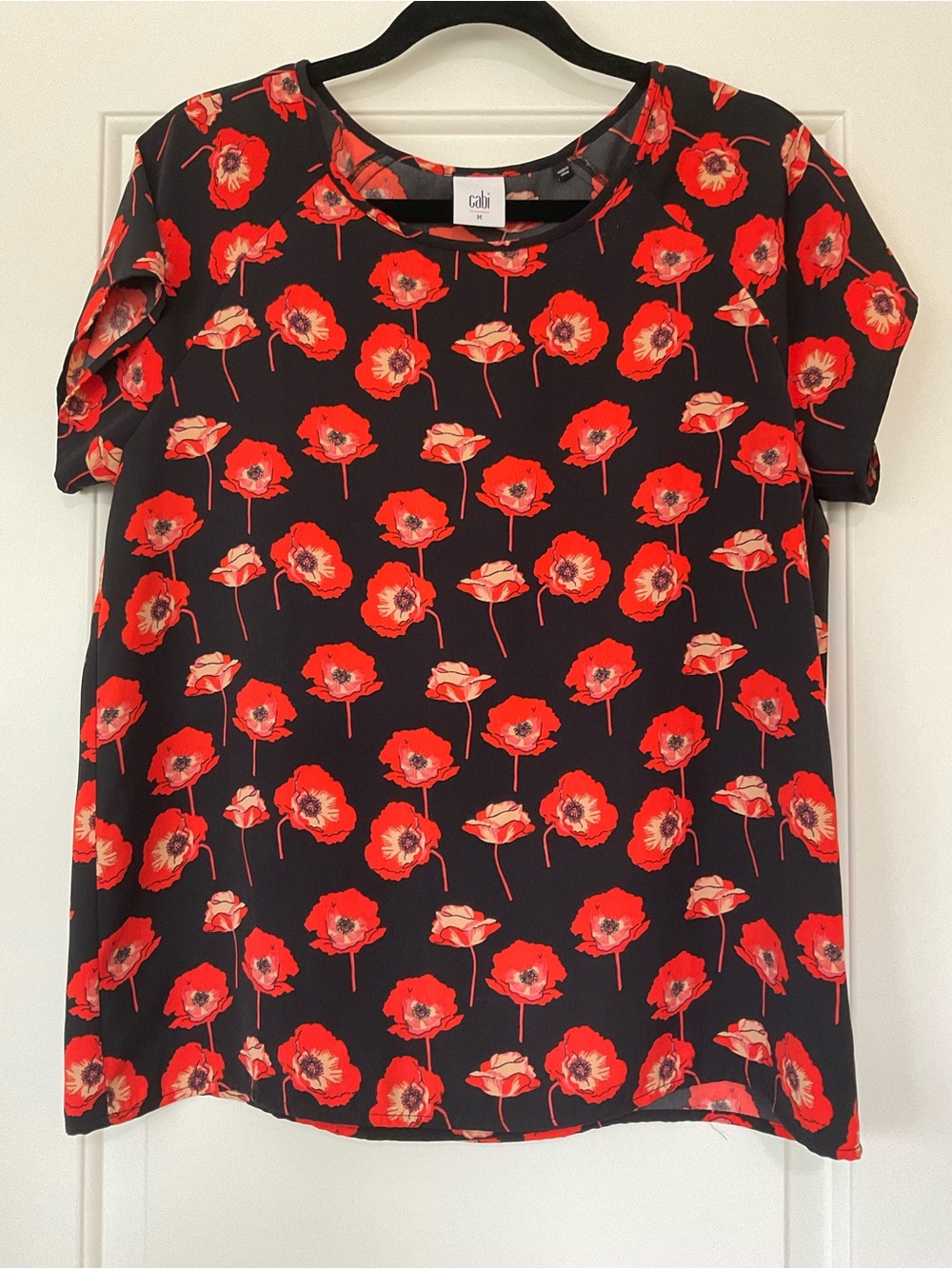 CAbi Black Top with Red Floral Poppies